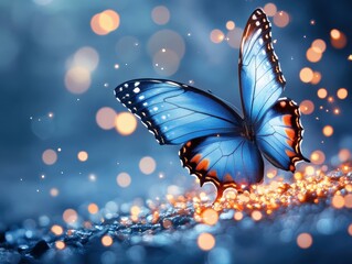 A blue butterfly with orange markings rests on a bed of sparkling lights.