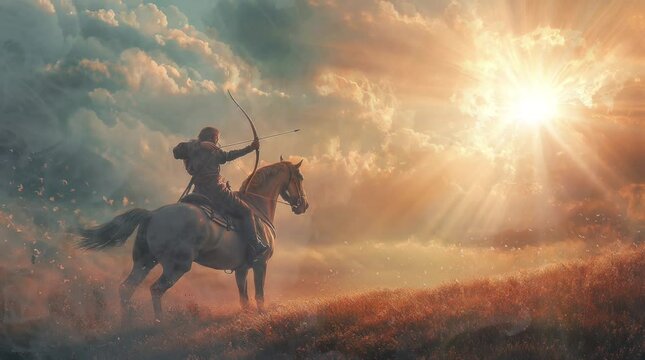 someone riding a horse and holding a bow with a sunset background. Virtual 4K video animation background with looping time lapse with very smooth graphics.