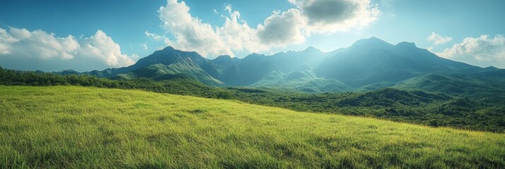 Fototapeta premium Grassy hill beneath majestic mountain range, lush green landscape meets rugged peaks, serene natural beauty, expansive view captures tranquility