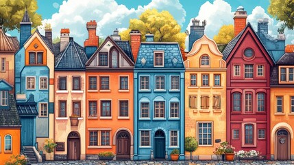 Fototapeta premium Colorful Townhouses with Blue Sky and Clouds