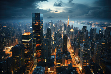 Aerial view of City skyline at night