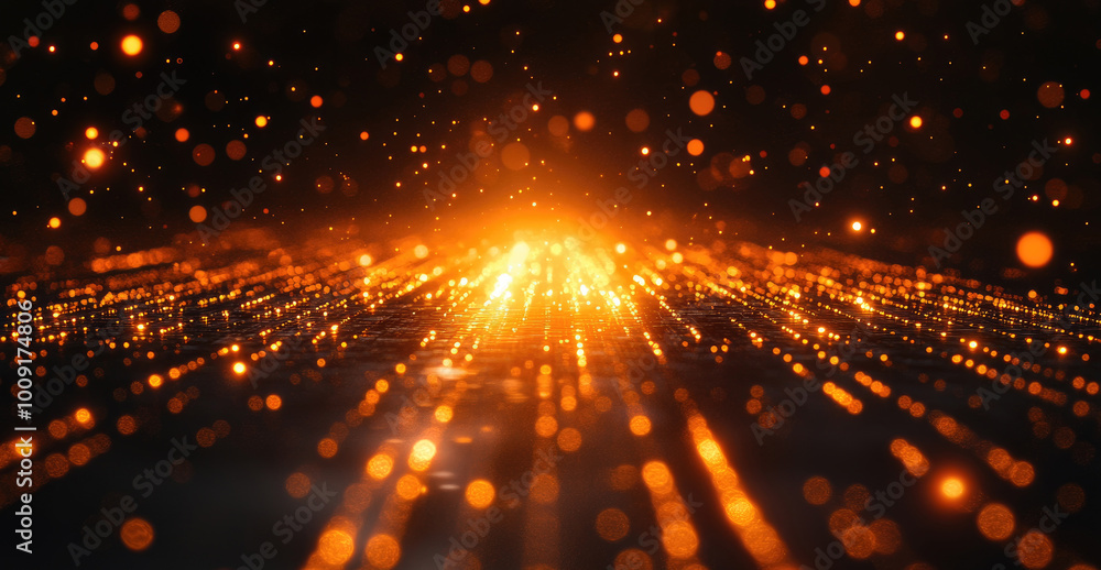 Poster golden particles radiate outward in an abstract space setting at night, creating a mesmerizing and v