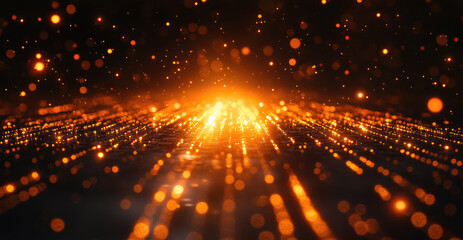 Obraz premium Golden particles radiate outward in an abstract space setting at night, creating a mesmerizing and vibrant light display