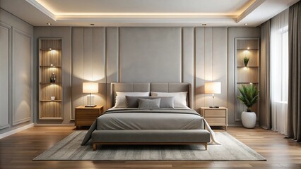 Elegant minimalist bedroom with neatly made bed and soft lighting