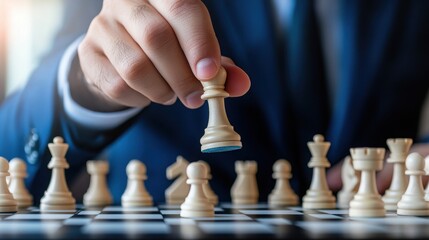 A person in a suit moves a chess piece on a wooden chessboard.