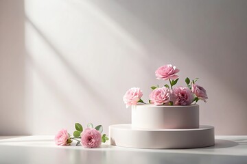 Elegant minimalist podium adorned with pink flowers and natural light perfect for serene presentations
