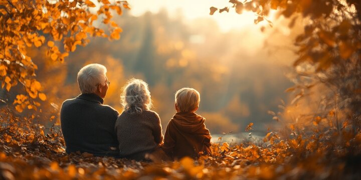 Grandparents sharing stories with grandchildren in a cozy autumn setting, warm colors blending with soft blurred scenery