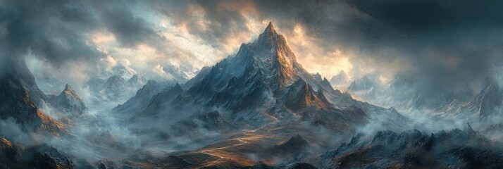 Jagged mountain peak towering above, steep cliffs flanking a narrow winding path ascending towards the summit
