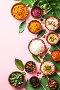 Onam food with sadhya rice on light pink background. Traditional food onasadya. Happy Onam festival. Indian religious concept. Template with copy-space for banner, poster, greeting card