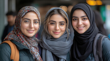 Three women wearing glasses and beautiful scarves pose happily together on a busy city street in the daylight