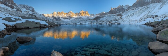 Serene Lake Reflections Amidst Snow-Capped Peaks, Tranquil Waters Mirroring Majestic Mountains, Inviting Nature's Splendor