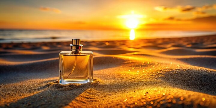 Elegant perfume bottle on sand with sunset background point of view