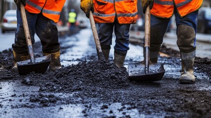 Workers in safety gear shoveling asphalt on a road construction site.