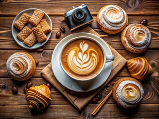 Cozy Flat Lay of Coffee with Cream Swirls, Fresh Pastries and Decorative Elements on Wooden Table