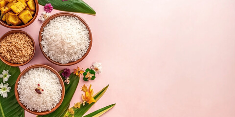 Onam food with sadhya rice on light pink background. Traditional food onasadya. Happy Onam festival. Indian religious concept. Template with copy-space for banner, poster, greeting card