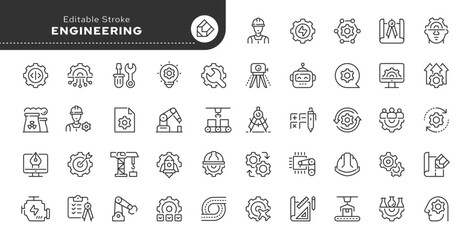 Engineering line icon set. Blueprint, engineer, engineering technology, design, project, production, construction, manufacturing and more. Outline vector icon in linear style. Pictogram collection.	