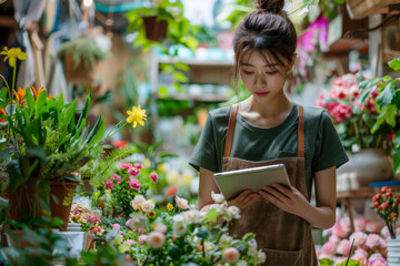 Florist Asian woman is working in plant store. Flower shop is small business store. Rustic decor. Green botanical job with bouquets for decorations, celebrates. Natural workplace garden. Romantic job