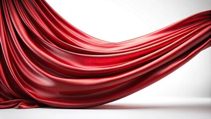 Elegant red silk curtains billowing in the wind against white background