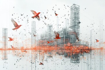 Abstract cityscape with flying birds and structural elements