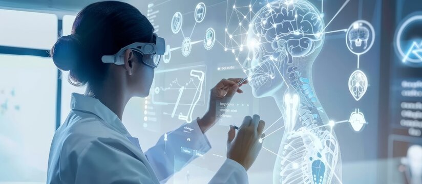 A doctor is using digital technology to control medical data and information on the screen