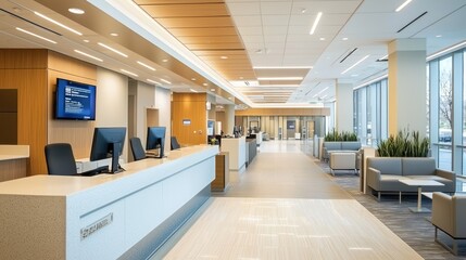 A spacious, well-lit bank interior with modern design elements, including sleek counters, digital displays, and comfortable seating.