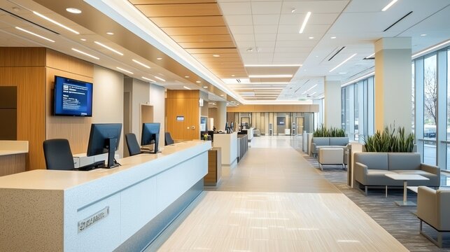 A spacious, well-lit bank interior with modern design elements, including sleek counters, digital displays, and comfortable seating.