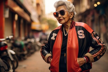 Portrait of a satisfied indian woman in her 80s sporting a stylish varsity jacket on busy urban street