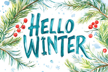 A watercolor winter painting with cursive "Hello Winter" text surrounded by pine branches and berries creates a cozy and festive design. Ideal for seasonal greeting cards and winter decor.