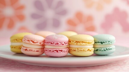 Fototapeta premium a small and fresh HD wallpaper featuring a close-up of colorful macarons arranged neatly on a delicate plate, with a soft and inviting pastel background, by Pierre HermÃ©, high definition, vibrant col