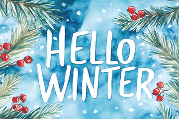 A watercolor winter painting with cursive "Hello Winter" text surrounded by pine branches and berries creates a cozy and festive design. Ideal for seasonal greeting cards and winter decor.