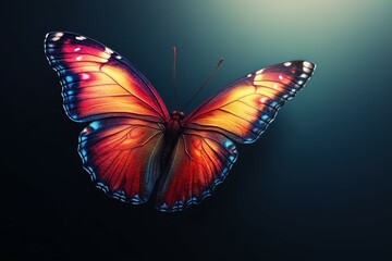 Obraz premium A colorful butterfly with its wings spread wide against a dark blue background.