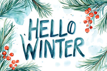 A watercolor winter painting with cursive "Hello Winter" text surrounded by pine branches and berries creates a cozy and festive design. Ideal for seasonal greeting cards and winter decor.
