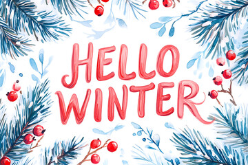 A watercolor winter painting with cursive "Hello Winter" text surrounded by pine branches and berries creates a cozy and festive design. Ideal for seasonal greeting cards and winter decor.