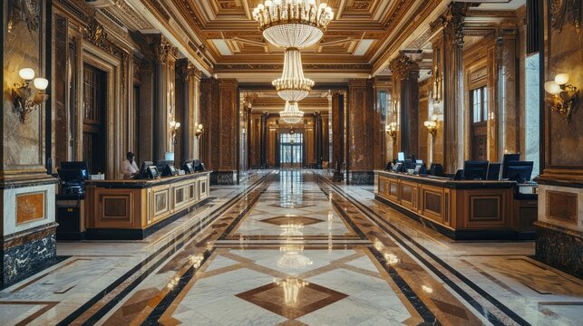 The inside of a high-end bank with marble floors, large chandeliers, and tellers behind elegant counters.
