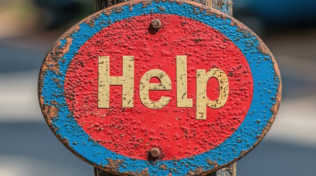 A weathered red and blue oval sign with the word Help in large, yellow letters suggests a focused plea for assistance, displayed outdoors