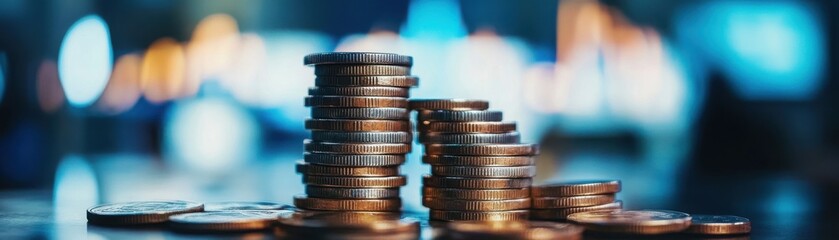 Stacks of coins with a blurred background, symbolizing wealth and finance.