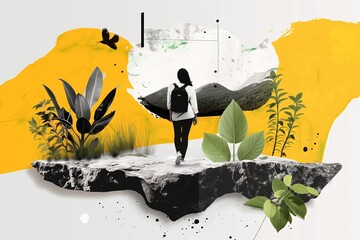 wallpaper collage of a girl hiking in the nature with a backpack