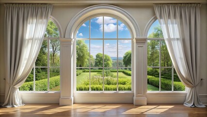 Fototapeta premium Elegant White Curtains Frame Large Arched Window Overlooking Serene Garden Panoramic