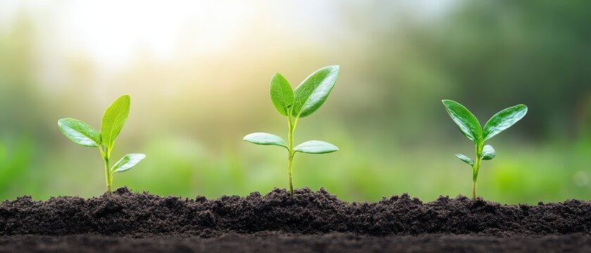 Three green seedlings growing in rich soil under natural light.
