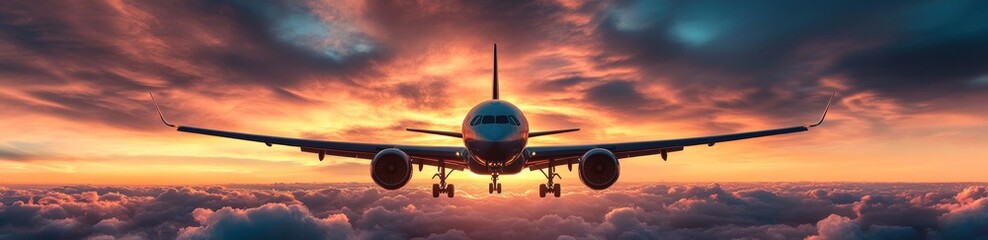 Obraz premium Airplane Flying Above Clouds During Vibrant Sunset