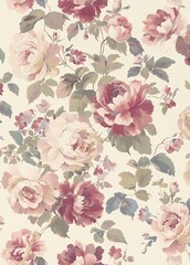 Vintage Shabby Chic Floral Wallpaper Print with Roses and Peonies