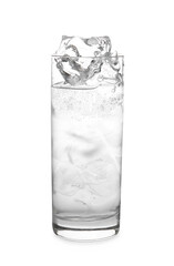 Refreshing water with ice in glass isolated on white