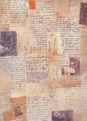 Fototapeta premium Distressed Vintage Script Collage with Handwritten Letters and Postcards, Junk Journal Background