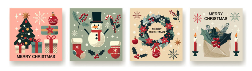 Cozy Christmas Vector Card Collection featuring festive elements like wreaths, snowman, stockings, candles, and ornaments in a minimalistic style. Perfect for holiday greetings and seasonal designs