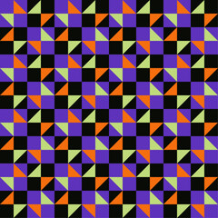 Abstract geometric seamless pattern in orange, purple, green and black color. Idea for Halloween theme. Tile pattern. Use for background , wallpaper, card, cover or decoration, paper, textile and etc
