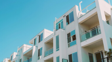 White, new townhouses with windows and doors, on a street in a Los Angeles