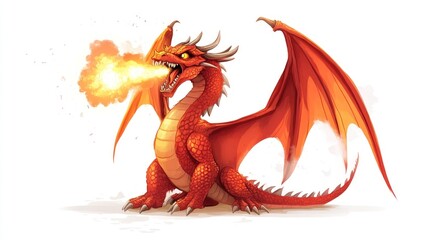Naklejka premium A cartoon red dragon with a fiery breath isolated on a white background.