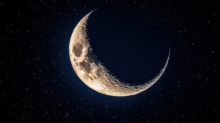 Fototapeta premium A crescent moon shining at night, completing its lunar cycle of 30 days. The moon is Earth's natural satellite.