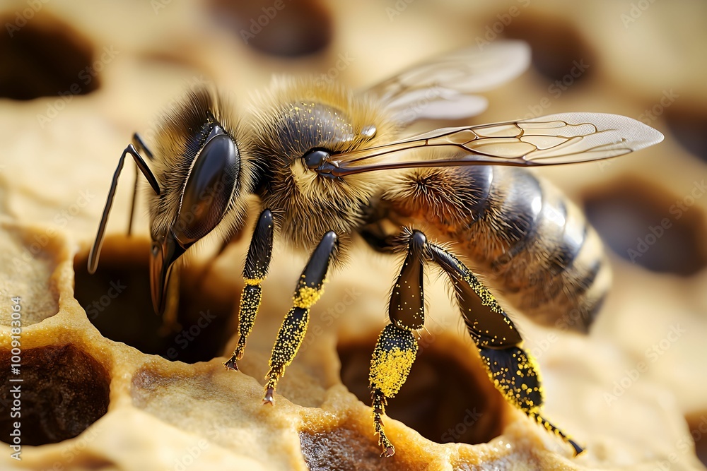 Poster close-up of a bee collecting pollen in a honeycomb structure