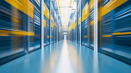 Modern data center with rows of glowing server racks and a digital interface on glass